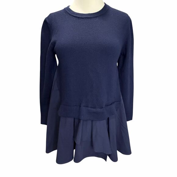 Meimeij Mixed Media Tunic Sweater M Navy Blue Wool Blend Layered Hem Top Luxury - Picture 2 of 16